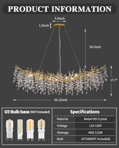 Modern Crystal Chandelier for Dining Room, 16-Light 55.12" Gold Tree Branch Chandeliers, Luxury K9 Crystal Rectangular Chandeliers for Kitchen Island Living Room - Image 2