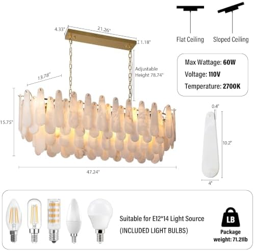 Chandeliers for Dining Room, L47.2 in Modern Alabaster Rectangle Brass Chandelier, 4-Tiers Luxury Natural Stone Ceiling Light Fixture, White Marble Chandeliers for Kitchen Island Living Room Bedroom - Image 2