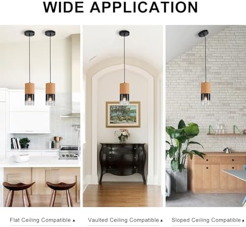 3-Pack Modern Pendant Lights for Kitchen Island, Adjustable Black Pendant Light Fixtures with Raw Wood Grain, Industrial Glass Pendant Lights for Dining Table Hallway Bedroom Living Room - Image 5