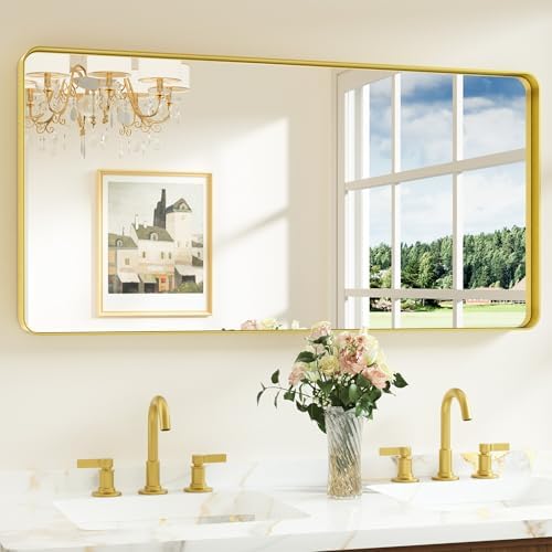 Keonjinn 48 x 24 Inch Brushed Gold Bathroom Mirrors for Over Sink by Keonjinn