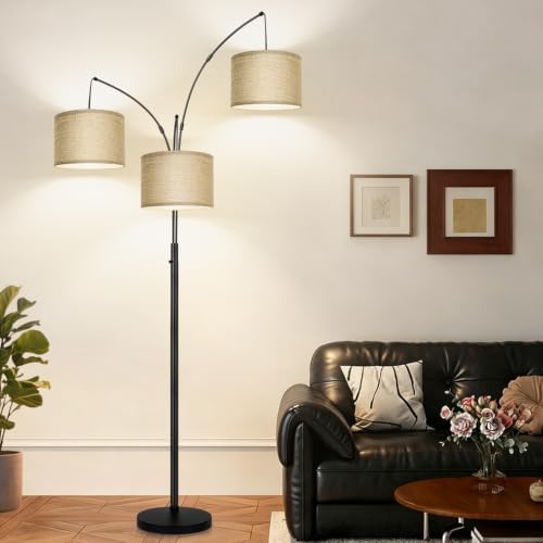 Nintiue Dimmable Floor Lamp, 3 Lights Black Arc Floor Lamp, Modern Tall Standing Tree Lamp with Champagne Linen Shades & Heavy Base, 3000LM LED Bulbs, Bright Lighting for Living Room, Bedroom, Office - Image 6