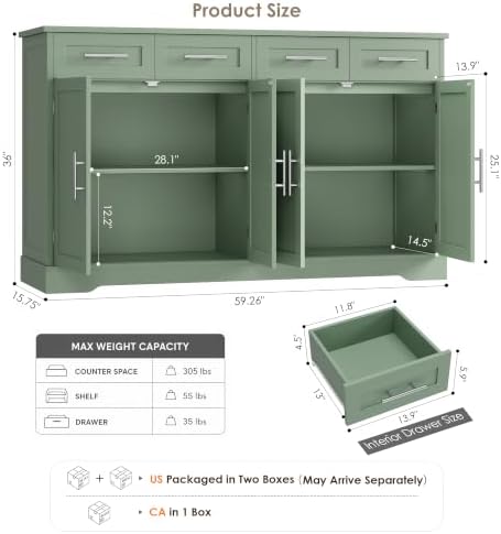 HOSTACK 60" W Sideboard Buffet Cabinet with Storage, Kitchen Cabinet, Green - Image 2