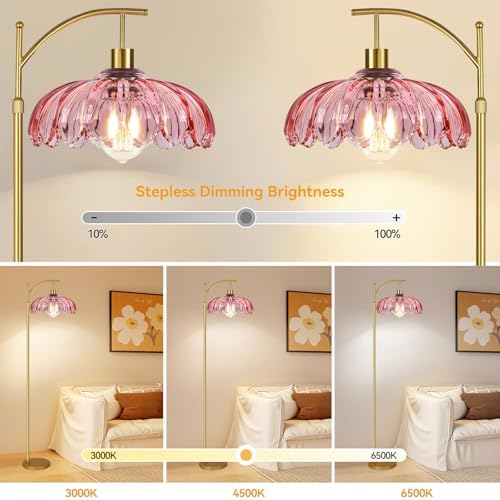 Pink Floor Lamp for Living Room,Bedroom,Glass Mid Century Modern Standing Lamp with Remote,Dimmable Gold Tall Lamp Vintage Arc Floor Lamps Flower Girls Kids Light Boho Bohemian - Image 2