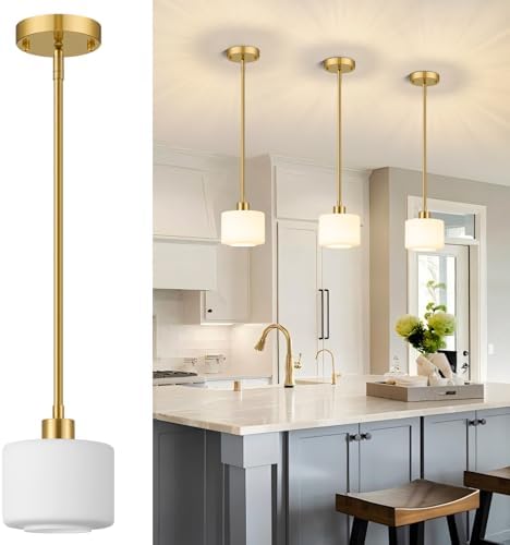 Milk Glass Pendant Lights Kitchen Island, 1-Light Modern Brushed Gold Hanging Light Fixtures with Rods, Mini Kitchen Pendant Lighting Over Island for Sink Bathroom, OS-YQ8153-1PBG by Osimir