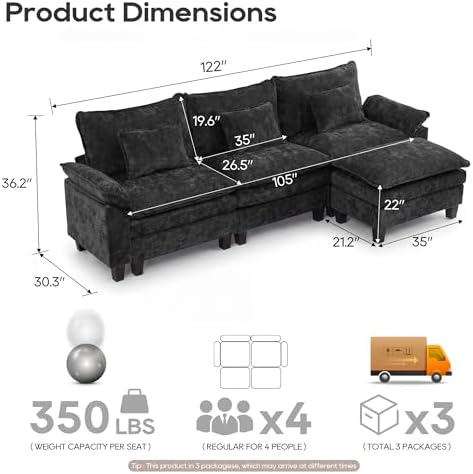 URRED Oversized Modular Sectional Sofa，Black：122" L Shaped - Image 2