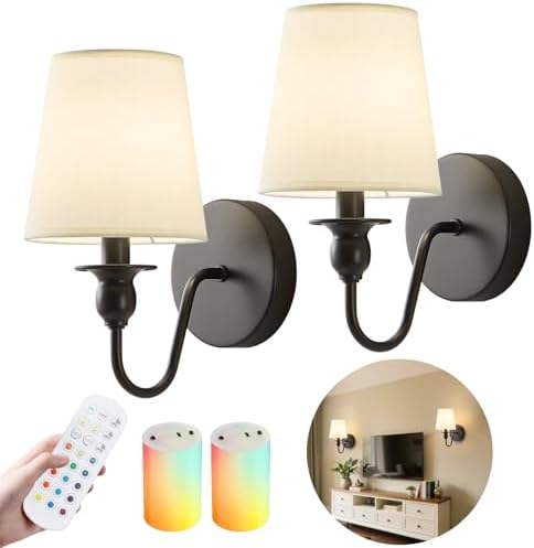 Battery Operated Wall Sconce Set of 2,Rechargeable Wall Sconce with 10000mAh Dimmable Bulb and Remote,LED 15 Colors Black Wireless Battery Powered Wall Lamp with Fabric for Bedroom Living Room by Nuanshued