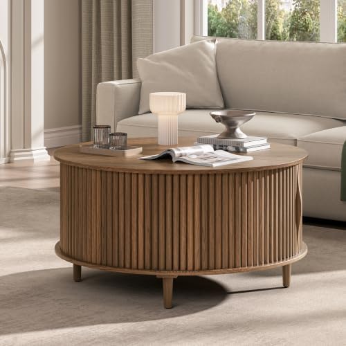JOINICE 31.5" Round Coffee Table with Storage for Living Room, Walnut - Image 4