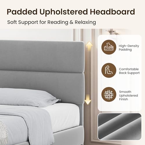 GRUSIGN Full Size Platform Bed Frame with Velvet Headboard, Adjustable Height Wooden Slats Support, Upholstered Mattress Foundation, Fits Mattress or Mattress with Box Spring, Easy Assembly, Grey - Image 5