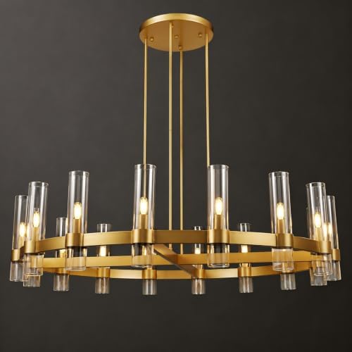 Modern 48" Gold Wagon Wheel Chandelier, Brass Round Chandeliers for Dining Room,16-Light Farmhouse Living Room Chandelier with Glass Tube for Bedroom,Staircase, Foyer, Entryway, Includes Bulbs by Knurldon