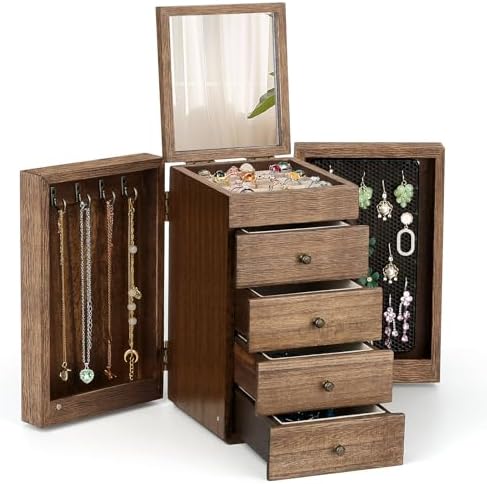 Meangood Jewelry Box Wood for Women, 5-Layer Large Organizer Box with Mirror & 4 Drawers for Rings, Earrings, Necklaces, Walnut by Meangood