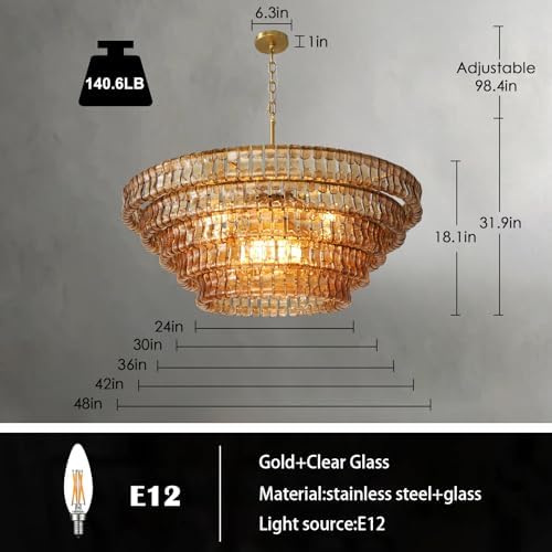 Large Chandelier, 48" Gold Chandelier for Dining Room, 8-Light Round Drum Kitchen Island Hanging Light Fixture Perfect for Living Room, Bedroom - Image 2