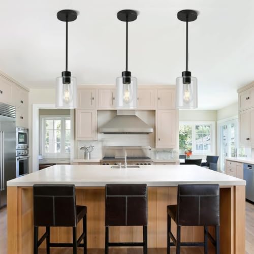 3 Pack Black Pendant Lights Kitchen Island, Modern Industrial Matte Black Hanging Light Fixtures, Adjustable Downrod Farmhouse Glass Pendant Lighting for Dining Room Bedroom Hallway Entryway - Image 2