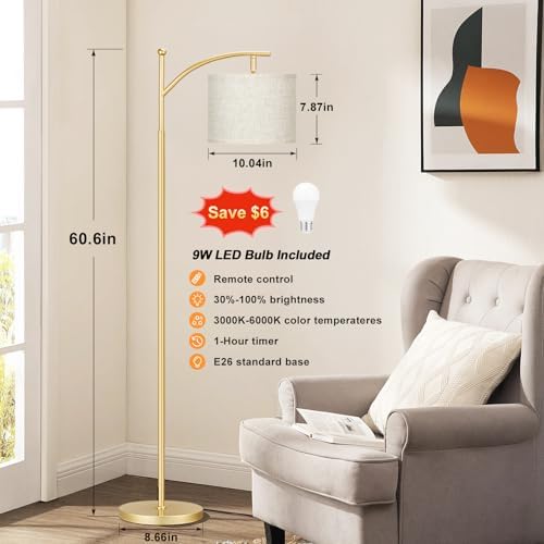 Ambimall 60" Floor Lamp with Remote and Stepless Dimmable Bulb, Gold Pole - Image 2
