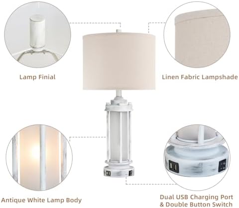 AIEAMPDO 25" Set of 2 Antique White Rustic Table Lamps 2 USB C+A Ports - Image 6