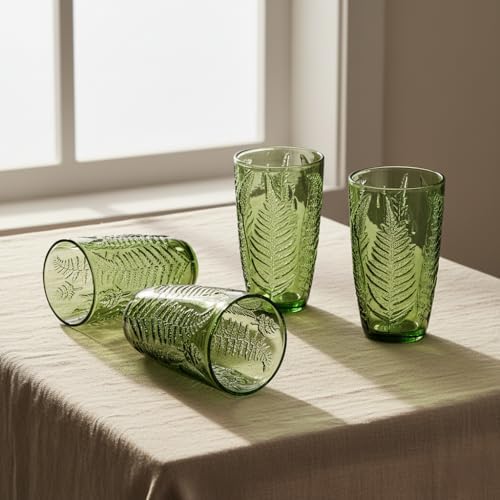 Green Drinking Glasses Set of 8, 16 oz Glass Cups, Vintage Fern Glassware - Image 2