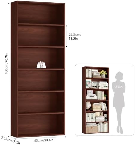 FOTOSOK 6 Tier Tall Bookshelf and Bookcase with Open Display Shelves,Cherry - Image 3
