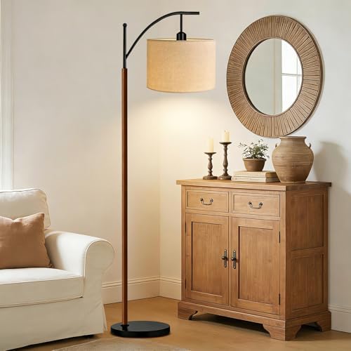 ILLMTW Arc Floor Lamp for Living Room,Bedroom,Vintage Mid Century Modern Standing Lamp with Remote Dimmable,Wood Boho Black Tall Lamp Fabric Lamp Shade Floor Lights Bohemian Tiffany Style - Image 3