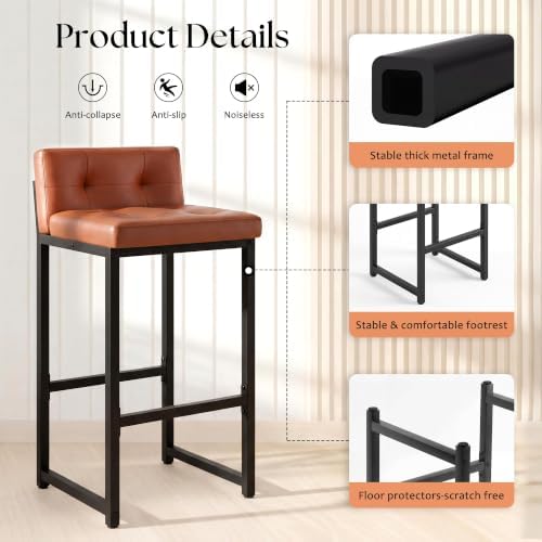 Bar Stools Set of 2, Counter Height Bar Stools Sets with Back, Faux Leather Barstools with Metal Legs and Footrest, Upholstered Bar Chairs for Dining, Kitchen Island, Home Counter, Brown - Image 5