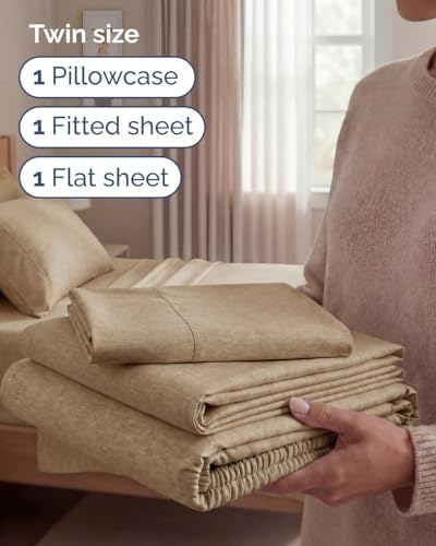 Twin Size 3 Piece Sheet Set - Breathable & Cooling Sheets - Heathered Tan - Image 3