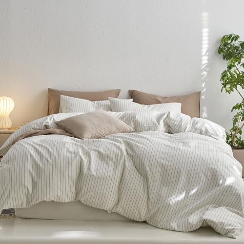 MooMee Striped Duvet Cover Set 100% Washed Cotton Linen Like Full by MOOMEE