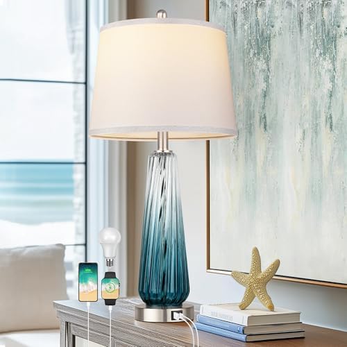 Glass Table Lamps for Living Room, Modern Bedside Lamps with USB A+C Ports, 3-Way Dimmable Touch Control Nightstand Lamp with White Linen Shade, 27.5" Large Lamps for Bedrooms Decor, Teal, 1 Pack by Qimh