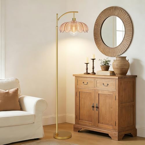ILLMTW Gold Floor Lamp for Living Room,Bedroom,Mid Century Modern Standing Lamp with Remote,Dimmable Brass Tall Lamp Amber Glass Vintage Retro Arc Floor Lamps Flower Floor Light Boho Bohemian - Image 3