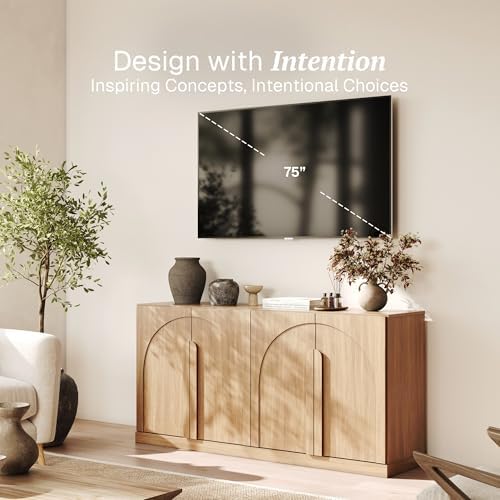 BELLEZE Bijou 64" Modern Buffet Sideboard, Mid-Century Arch Carved Wood Door Cabinet, Textured Storage Console for Living Room, Kitchen, Entryway - Camel - Image 3