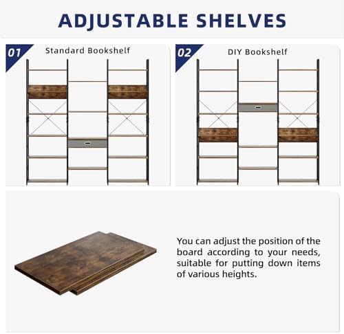 NUMENN Triple Wide 6 Tier Bookshelf with Drawer & Open Shelves, Vintage - Image 6