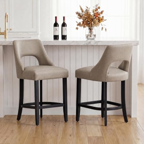 UVV Bar Stools Set of 2, Upholstered Counter Height Bar Stools, Modern Counter Stools with Wood Legs for Kitchen Island Dining Room Bar, Khaki-Black Legs by UVVLivetheQualityLife