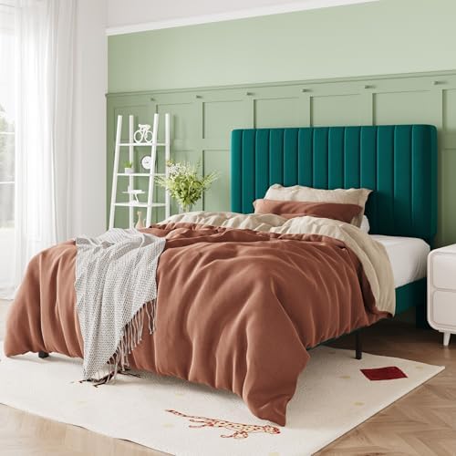 Allewie Twin Bed Frame, Velvet Upholstered Platform Bed with Adjustable Vertical Channel Tufted Headboard, Mattress Foundation with Strong Wooden Slats, Box Spring Optional, Easy Assembly, Teal by Allewie