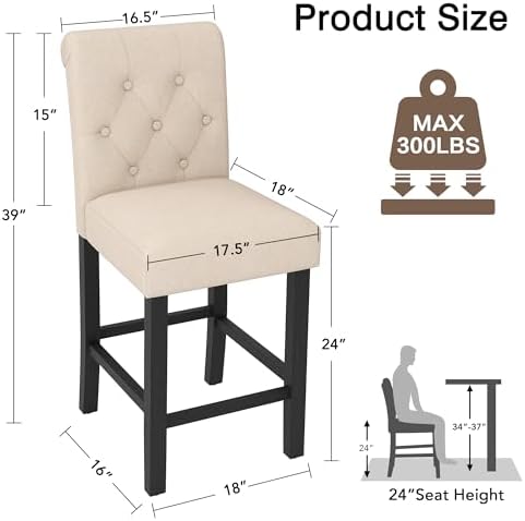 LSSBOUGHT Counter Stools Set of 4,24 inches Upholstered Counter Height Chairs with Button-Tufted and Solid Wood Legs（Beige） - Image 2