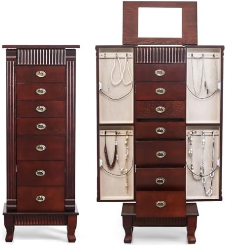 AVAWING Standing Jewelry Cabinet Armoire with Top Flip Mirror, 7 Drawers & 12 Necklace Hooks, Jewelry Box Storage Organizer with 2 Side Swing Doors (Reddish Brown) by AVAWING