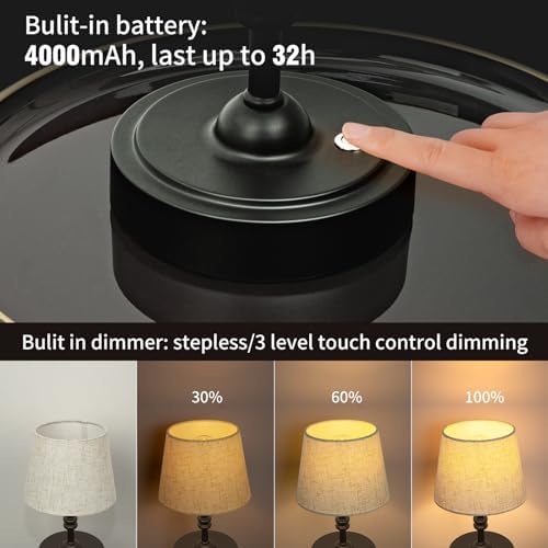 ONEWISH Small Cordless Lamp, Battery Operated Table lamp Dimmable, 4000mAh Rechargeable, Touch Bedside Lamp with Beige Linen Shade, 2700K Bulb Included, for Dining, Patio, Bathroom(Black) - Image 3