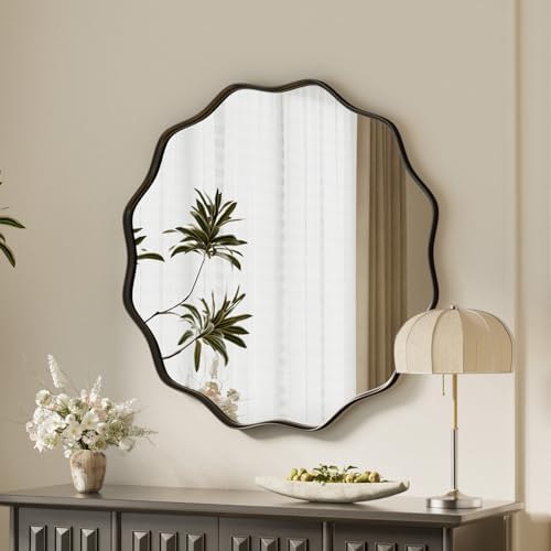 VooBang Black Scalloped Circle Mirror 20" Wavy Edge Round Wall Mirror by VooBang