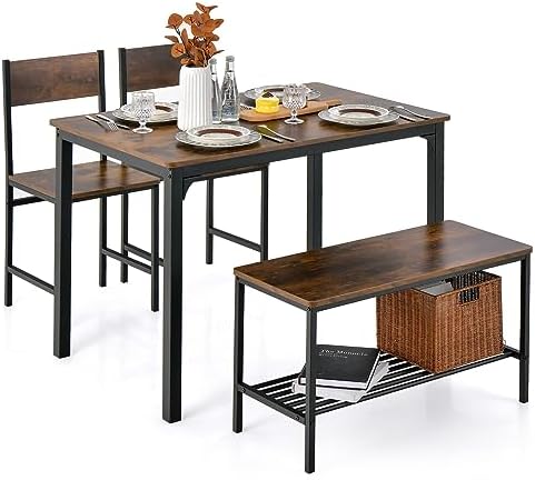 Giantex Dining Table Set for 4, Kitchen Table with Bench and Chairs, Industrial Gathering Bench Dining Set W/Metal Frame & Storage Rack, Dinette Set, Modern Functional Desk Set (Rustic Brown) by Giantex
