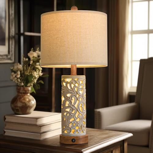 OYEARS 22'' Table Lamp Set of 2 for Living Room,Farmhouse Lamp for for Bedroom,Vintage Retro Bedside Lamps with USB Ports Linen Shade for Home Office (Brown, Bulb Included) - Image 6