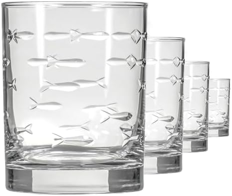 Rolf Glass School of Fish 13oz Double Old Fashioned Glass | Whiskey Glass Set of 4 | Lead-Free Glass | Engraved Tumbler Glasses | Designed and Engraved in the US by RolfGlass