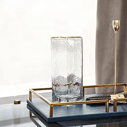 Geometric Square Painted Gold Edge Water Corrugated Translucent Glass Vase Home Table Decoration (D-10in) - Image 2