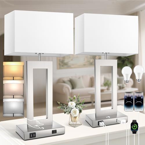 Table Lamps for Bedrooms Set of 2, 27.2’’ Tall Modern Silver Lamps for Living Room Nightstand, Touch Control Bedside Lamps with 2 USB Ports&AC Outlet, Stepless Dimming, 3 Color Temp. Bulbs Covered by Kondras