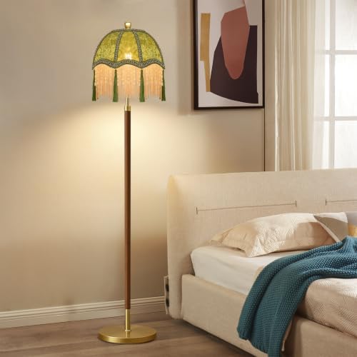 Wood Floor Lamps for Living Room Vintage Floor Lamp with Remote Control & 3 Color Temperature,Dimmable Floor Lamp Mid Century Modern Standing Lamp Green Fringe Tall Floor Lamp for Bedroom Corner - Image 3