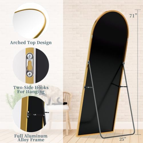 Full Length Mirror with Stand, 71"x25" Arched Full Body Mirror, Large Stand Up Mirrors, Aluminum Frame Floor Standing Mirrors, Freestanding Hanging Leaning Mounted for Bedroom Living Room, Gold - Image 5