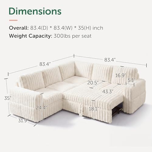 HONBAY Plush Corduroy Modular Sectional Sofa with Pull Out Bed, Convertible L Shaped Couch with Storage,Sleeper Sectional Couches for Living Room,Plush Beige - Image 2