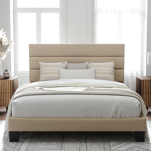 Allewie Queen Size Platform Bed Frame with Fabric Upholstered Headboard by Allewie