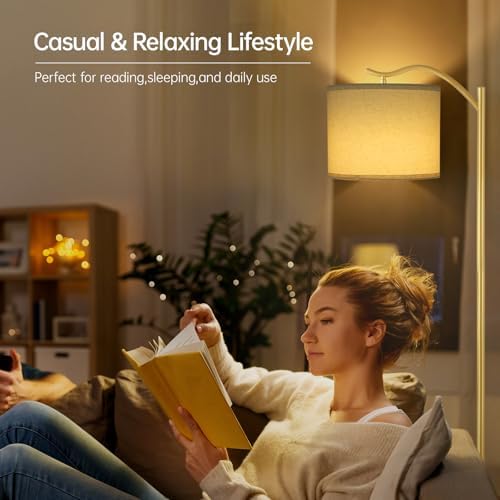 BoostArea Floor Lamp for Living Room,LED Arched Standing Lamp,Tall Modern Standing Lamp with Linen Shade,E26 Socket,Footswitch,Mid Century Gold Floor Lamps for Bedrooms,Office,Double-Layer lampshade - Image 3