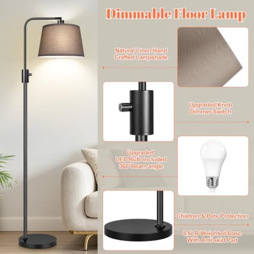 【Upgraded】 Dimmable Black Floor Lamps, 1000 Lumens LED Edison Bulb Included, Arc Black Floor Lamps for Living Room Modern Standing Lamp with Khaki Shade, Tall Lamps for Living Room Bedroom Office - Image 5