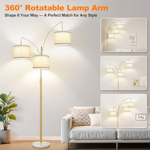 Dimmable Floor Lamp - 3 Lights Gold Arc Floor Lamps for Living Room, 1000LM Modern Tall Standing Lamp with White Shade&Marble Base, Mid Century Tree Floor Lamp for Bedroom Office, 3 LED Bulbs Included - Image 5