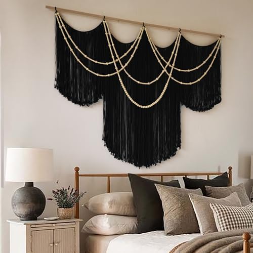 Macrame Wall Hanging Black Yarn Tapestry Boho Fiber Art Decor 57"W*43"L - Image 3