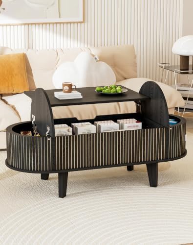 Oval Lift Top Coffee Table with Storage, Fluted 47" Wood Mid Century Modern Coffee Table for Living Room, Black - Image 2