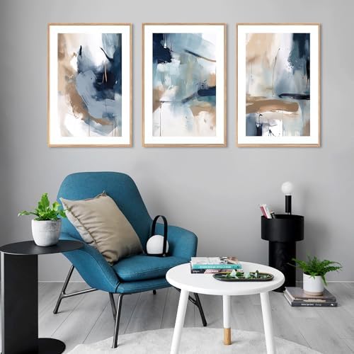 LHIUEM Large Abstract Navy Blue Framed Canvas Wall Art,Neutral Brush Stroke Wall Decor,Modern Pastel Brown Wall Painting,Minimalist Shapes Artwork for Living Room,Bedroom,Office- 24"x36"x3 - Image 5