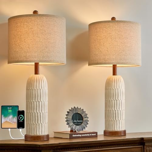 OYEARS 26.5" Bedside Table Lamps Set of 2, Farmhouse Table Lamp with USB A+C Charging Ports,Vintage Nightstand Lamp for Bedrooms and Living Rooms, Retro Resin End Table Lamp with Linen Shade, Brown by OYEARS